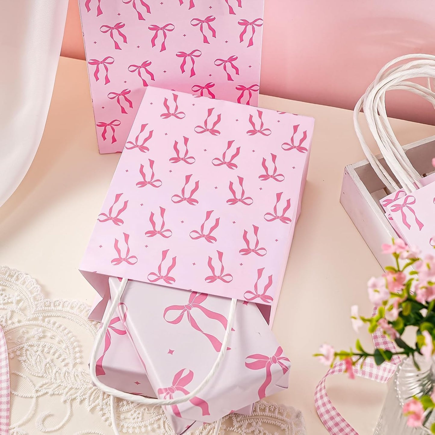 WRAPAHOLIC 12 Pack 7" Small Kraft Pink Bow Paper Gift Bags - Pink Ribbon Bow Gift Bags for Girls Birthday, Baby Shower, Wedding, Bridal Shower