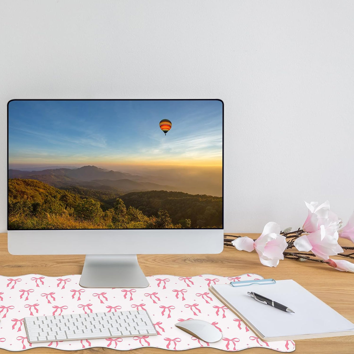 Pink Bow Desk Mat Large Scalloped Mouse Pad 31.5" x 15.7", Classic