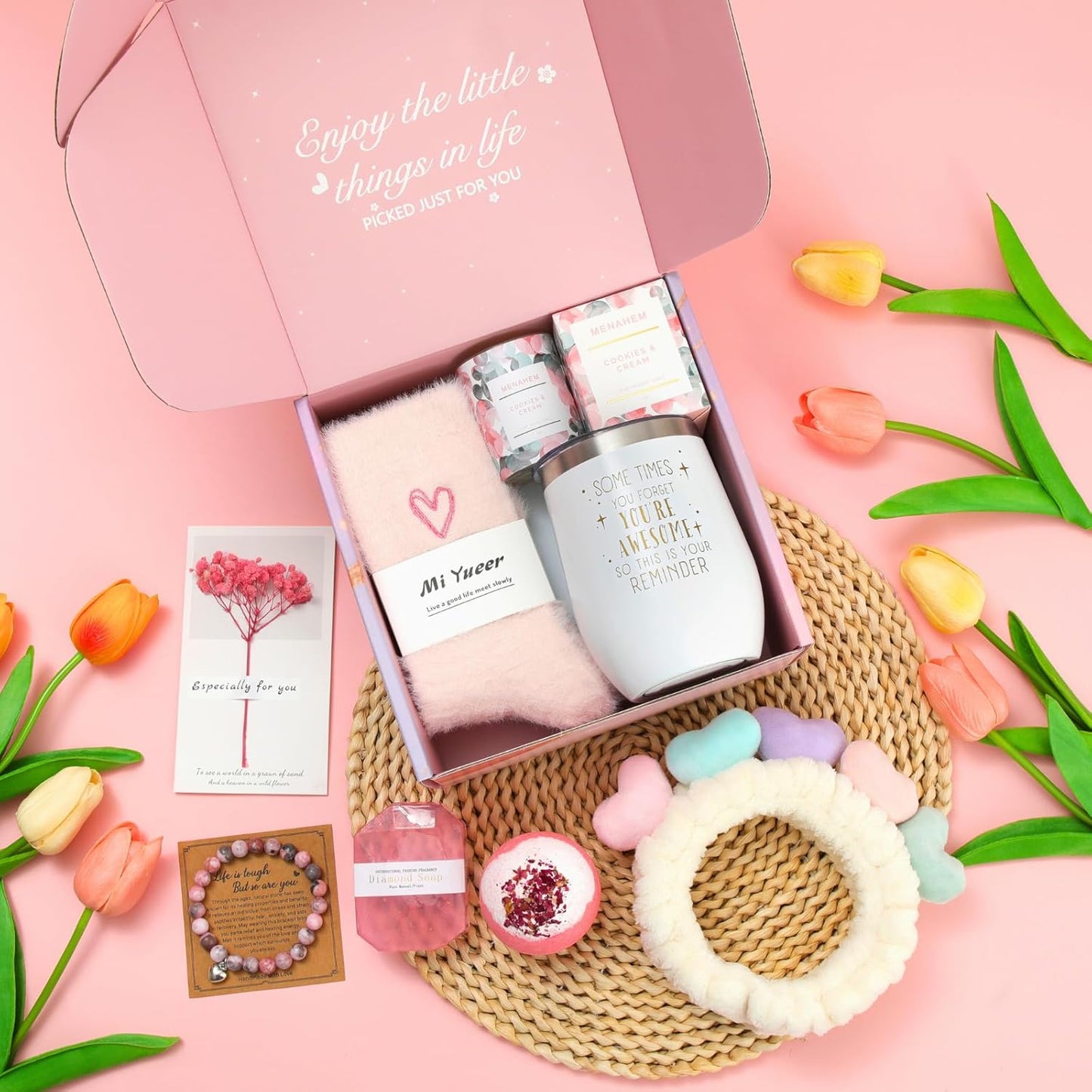 Happy Birthday Gifts for Women, 9pc Get Well Baskets, Pink Self Care Package Relaxing Spa Bath Thinking of You Gift Set for Gf Sister Friend Nurse Daughter Teacher Mother Christmas