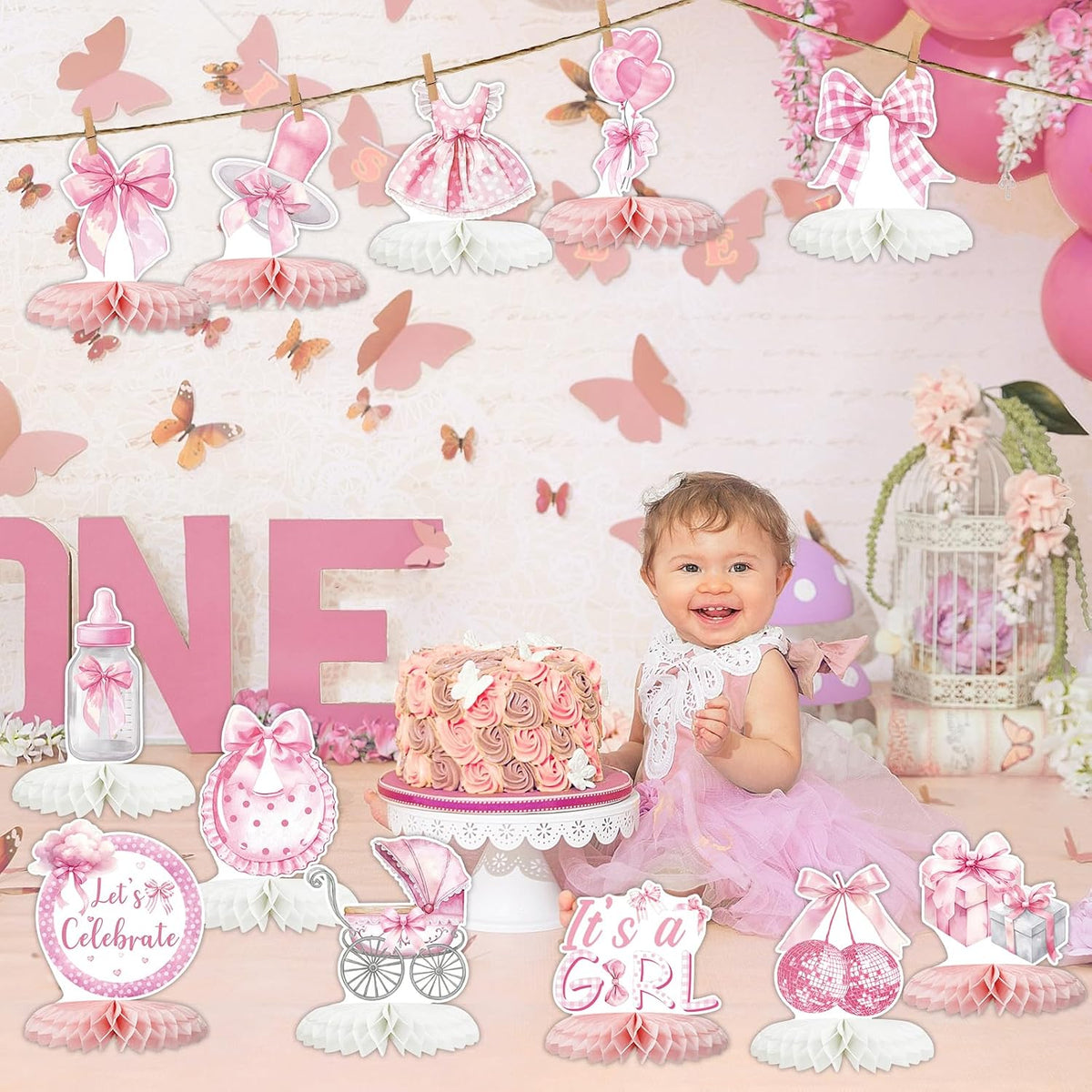 12 Pcs Pink Bow Baby Shower Party Honeycomb Centepieces Bow Coquette Birthday Table Decor 3D Table Topper, Pregnancy Announcement Gender Reveal Birthday Party Supplies