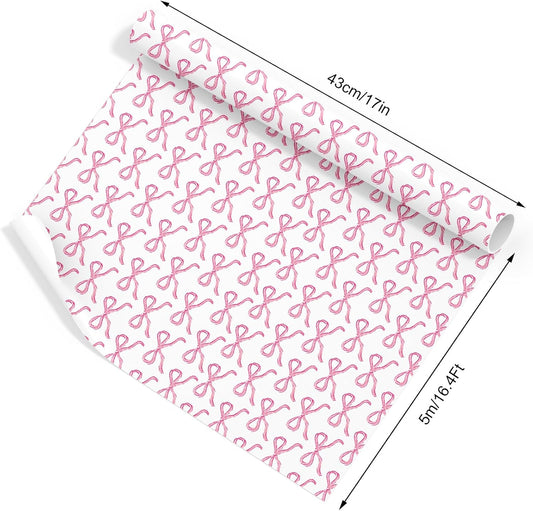 3 Rolls Bow Stripe Wrapping Paper -Mini Roll- 17In x 32.8Ft Pink White Gift Wrap Paper Cute Coquette Bowknot Craft Paper for Party Packing Supplies