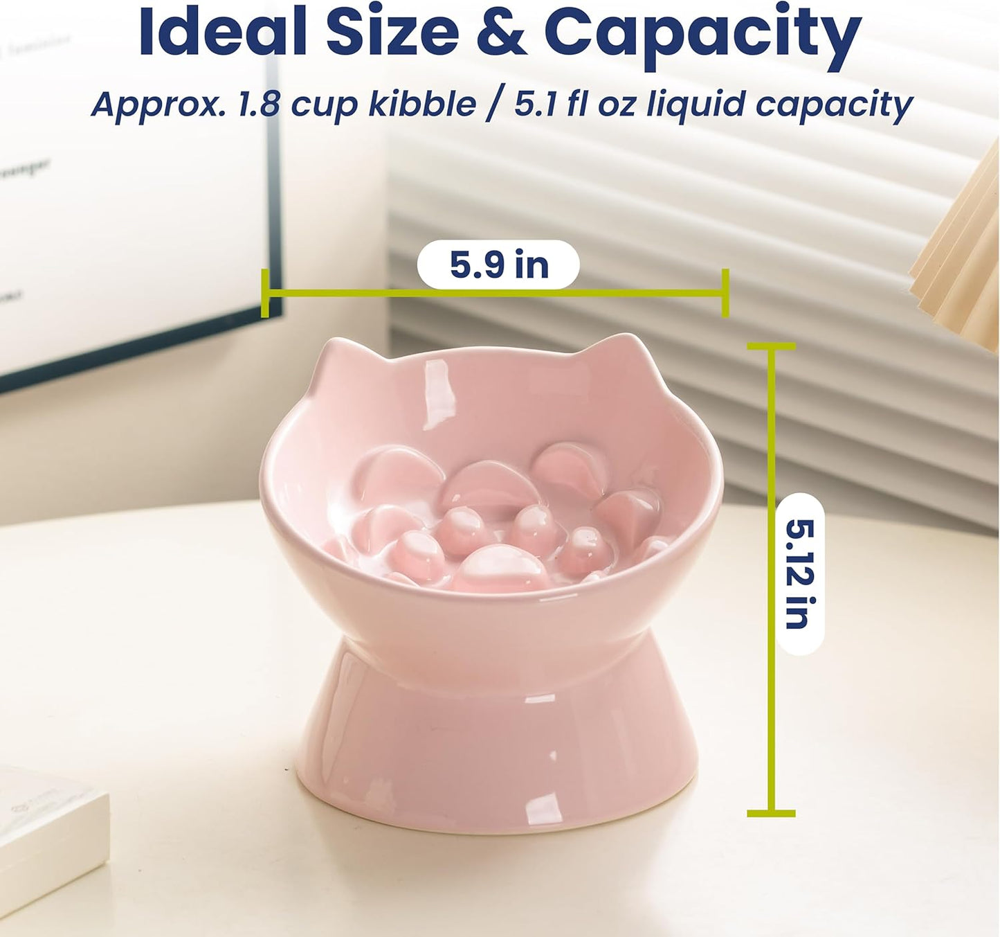 Lynx Ceramic Raised Slow Feeder Dog & Cat Bowl, Tilted 15° Elevated Pet Food Bowl, Whisker-Friendly Anti-Choking Dish, Dishwasher Safe (Quartz Pink)