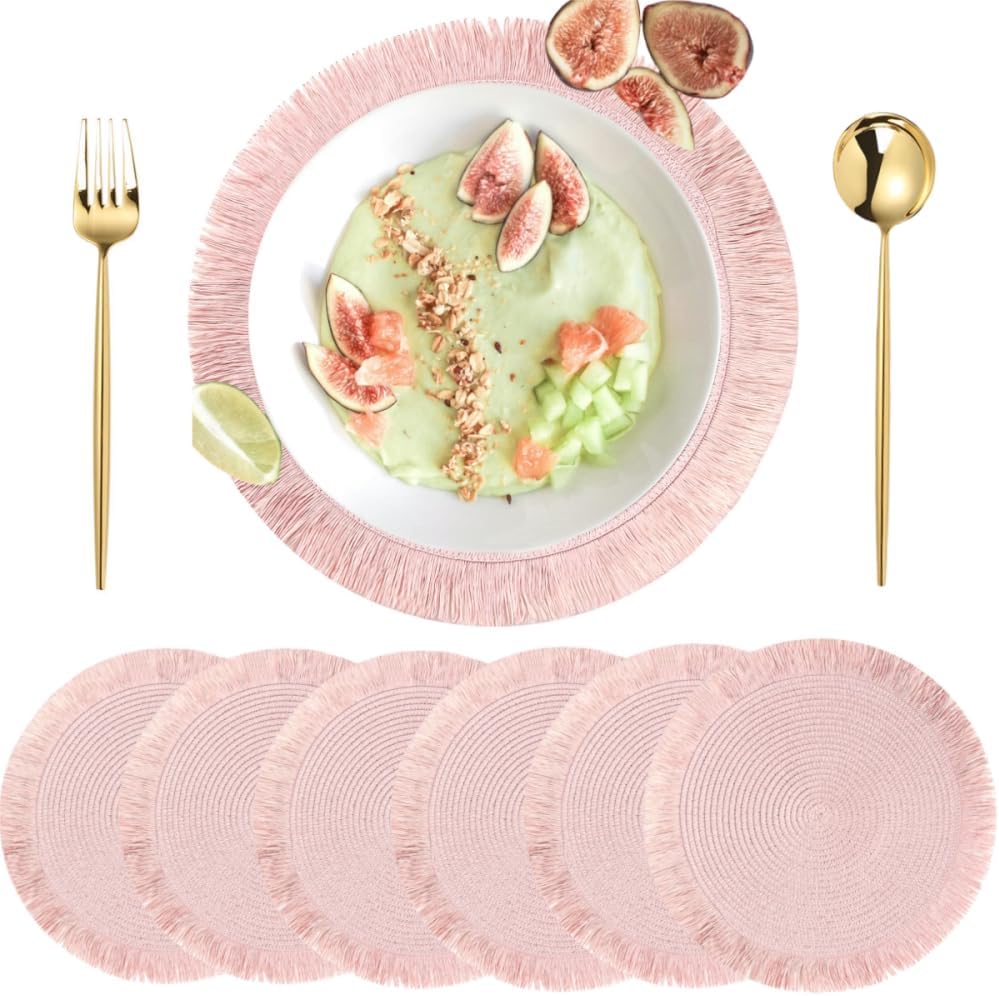 Pink Placemats Set of 6 for Dining Table, 15 Inch Paper Woven Boho Decorative Circle Place Mat for Wedding Christmas Thanksgiving Day Holiday Dinner