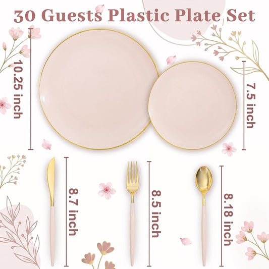 DaYammi 150Pcs Pink Plastic Plates with Gold Rim,Elegant Disposable Dinnerware with Gold Cutlery - 30 Dinner Plate,30 Dessert Plate,30 Knives,30 Forks,30 Spoons,Fancy Pink Plates for Party Wedding
