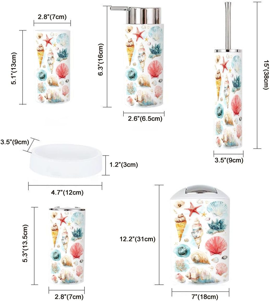 Pink Coastal Bathroom Accessories Set 6 piece Pink Coastal Preppy Beach Aesthetic Shells Seashells Variety Plastic shatterproof Vanity Organization countertop Decor for Home, Apartment, Dorm