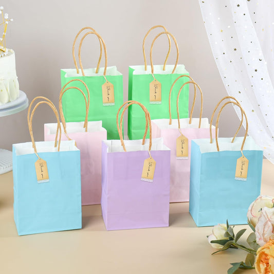 DjinnGlory 60 Pack Tiny Mini Rainbow Assorted Paper Bags with Handles 6.3x4.7x2.75 Inch for Birthday Baby Shower Easter Party Goodies, Christmas Gifts, Small Boutique (Pink, Blue, Green, Purple)