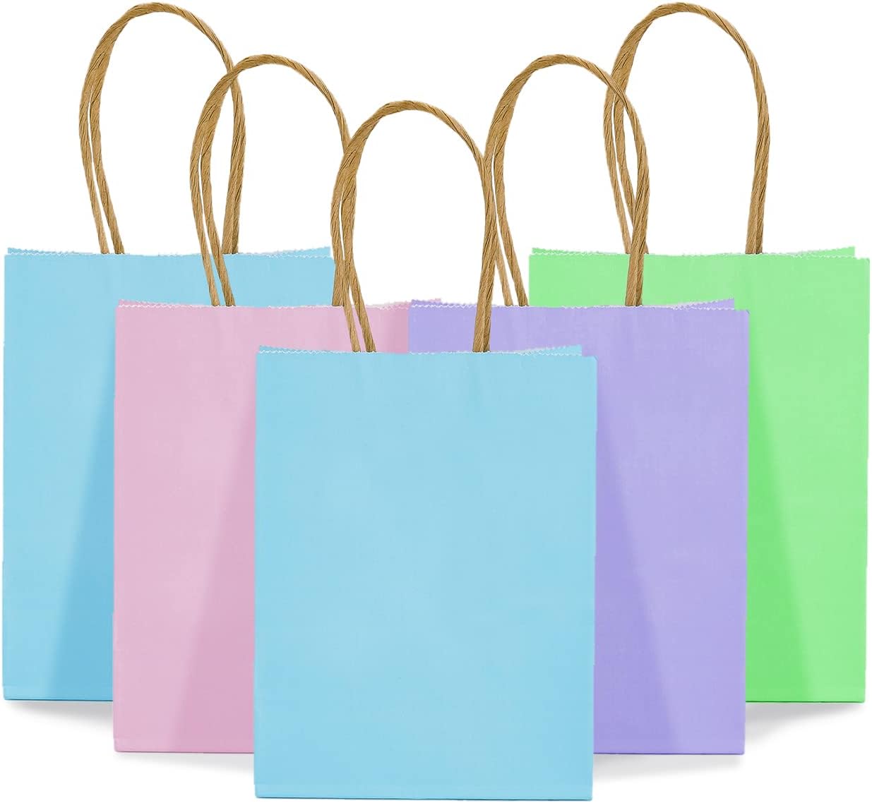 DjinnGlory 60 Pack Tiny Mini Rainbow Assorted Paper Bags with Handles 6.3x4.7x2.75 Inch for Birthday Baby Shower Easter Party Goodies, Christmas Gifts, Small Boutique (Pink, Blue, Green, Purple)