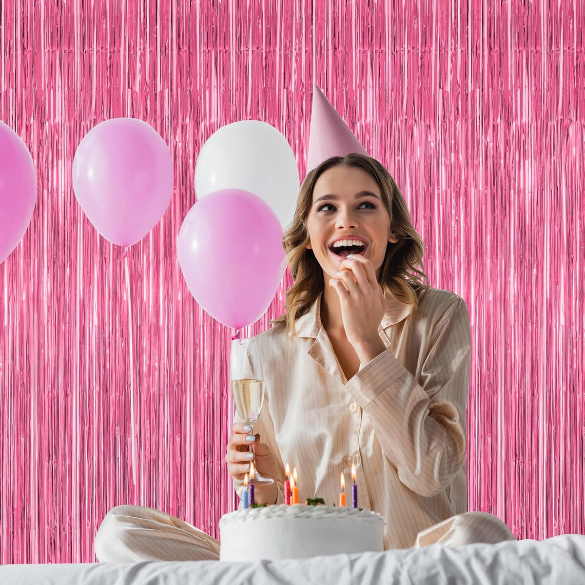 2 Pack Pink Party Decorations, 3.28 FT x 7.05 FT Pink Backdrop, Metallic Tinsel Backdrop Fringe Curtains Backdrop Curtains, Photo Backdrop Party Supplies Birthday Party Decorationsay Party Decorations