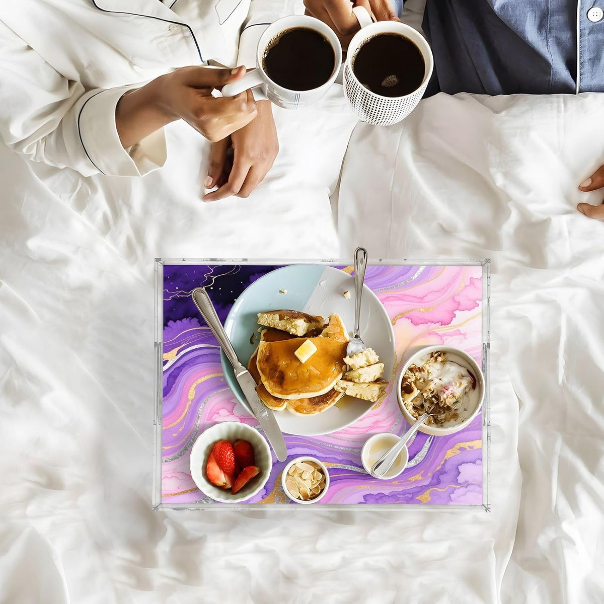 Marble Texture Purple Pink Serving Tray with Handles, 12x16 Inch Decorative Acrylic Tray Organizer, Multi-Purpose Sturdy Serving Platter for Coffee Table, Kitchen, Vanity, Nightstand