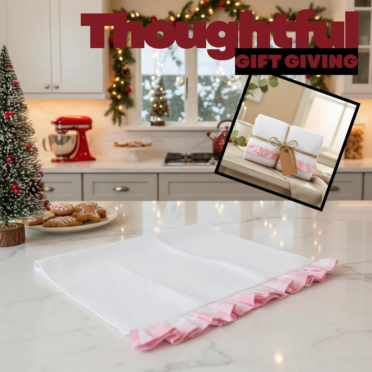 Light Pink Ruffle Waffle Kitchen Towel | Buffalo Plaid Hand Towel