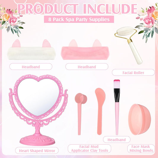 8 Set Spa Party Supplies for Women Spa Party Favors Bulk Include Heart Shaped Mirrors Jade Roller Face Mask Mixing Bowl with Stick Headbands Pink Birthday Gifts Sleepover Parties Supplies