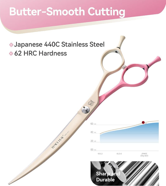Curved Dog Grooming Scissors with Coating 440C Stainless Steel, 7 inch Professional Curved Shears Dog Grooming,25 Degree of Curved Blade,Pet Shears for Trimming Face and Paws, Pink & White