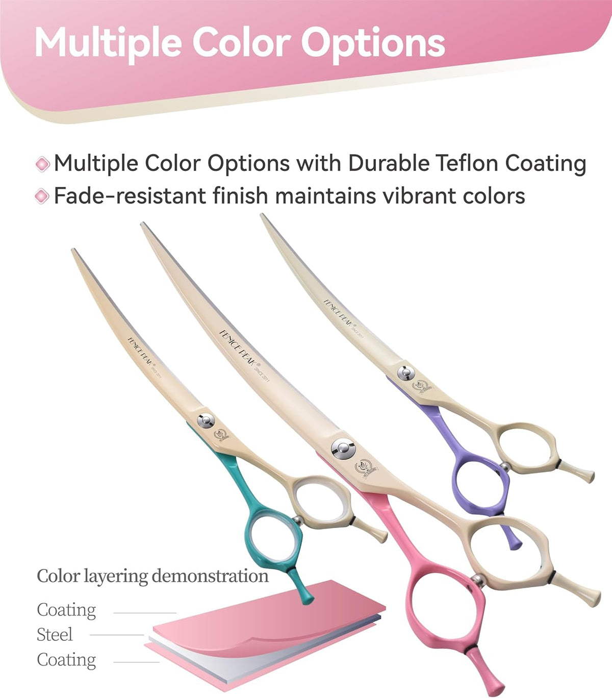 Curved Dog Grooming Scissors with Coating 440C Stainless Steel, 7 inch Professional Curved Shears Dog Grooming,25 Degree of Curved Blade,Pet Shears for Trimming Face and Paws, Pink & White