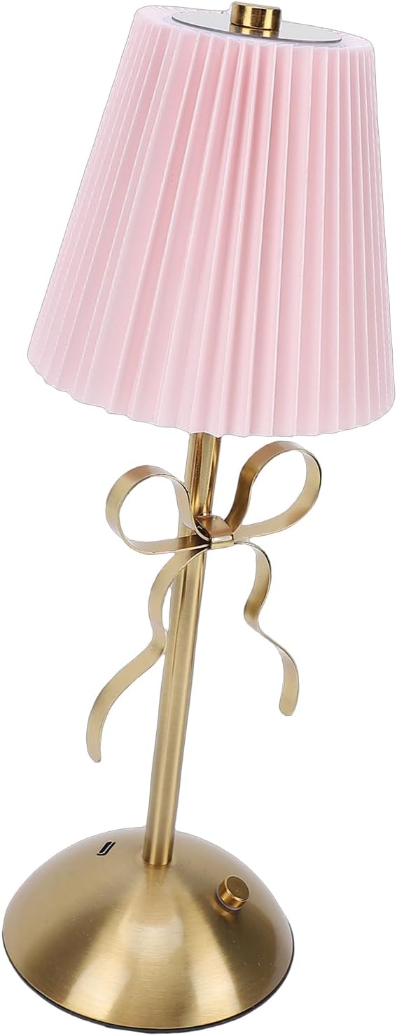 Cordless Table Lamp, 13 Inch Bow Table Lamp, Small Desk Lamp with Fabric Shade, Modern Decorative Bedside Light Small Princess Desk Lighting for Girls Room Princess Room Bedrooms