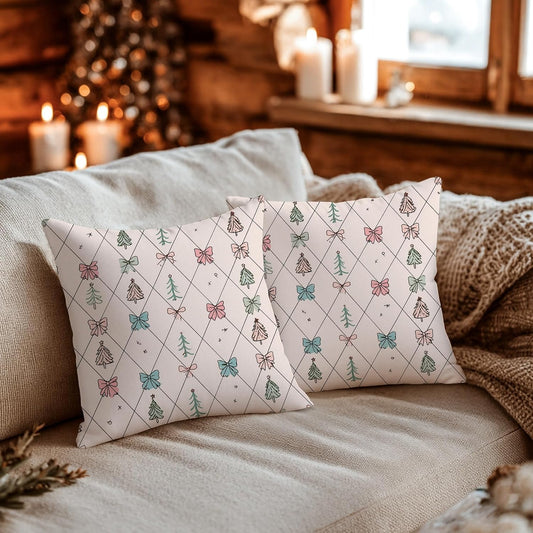 Christmas Tree Throw Pillow Covers Set of 2, Festive Fanciful Bow Diamond Xmas Peach Soft Velvet Washable Couch Pillow Covers for Living Room Bedroom Loft Office Car Decor 12x12 Inch