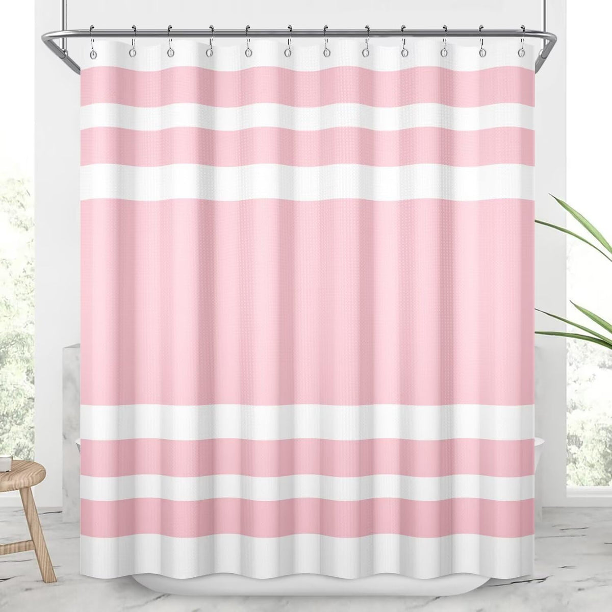 White Pink Waffle Bathroom Shower Curtain Set 72"x72"