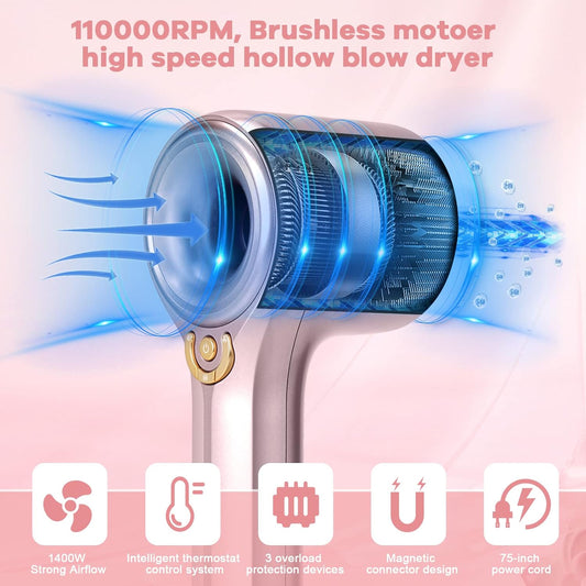 Ionic Hair Dryer, Professional Blow Dryer with High-Speed Brushless Motor for Fast Drying, Quiet Hairdryer with 2 Magnetic Nozzles, 4 Temps & 3 Speeds Settings for Salon,Home, Pink