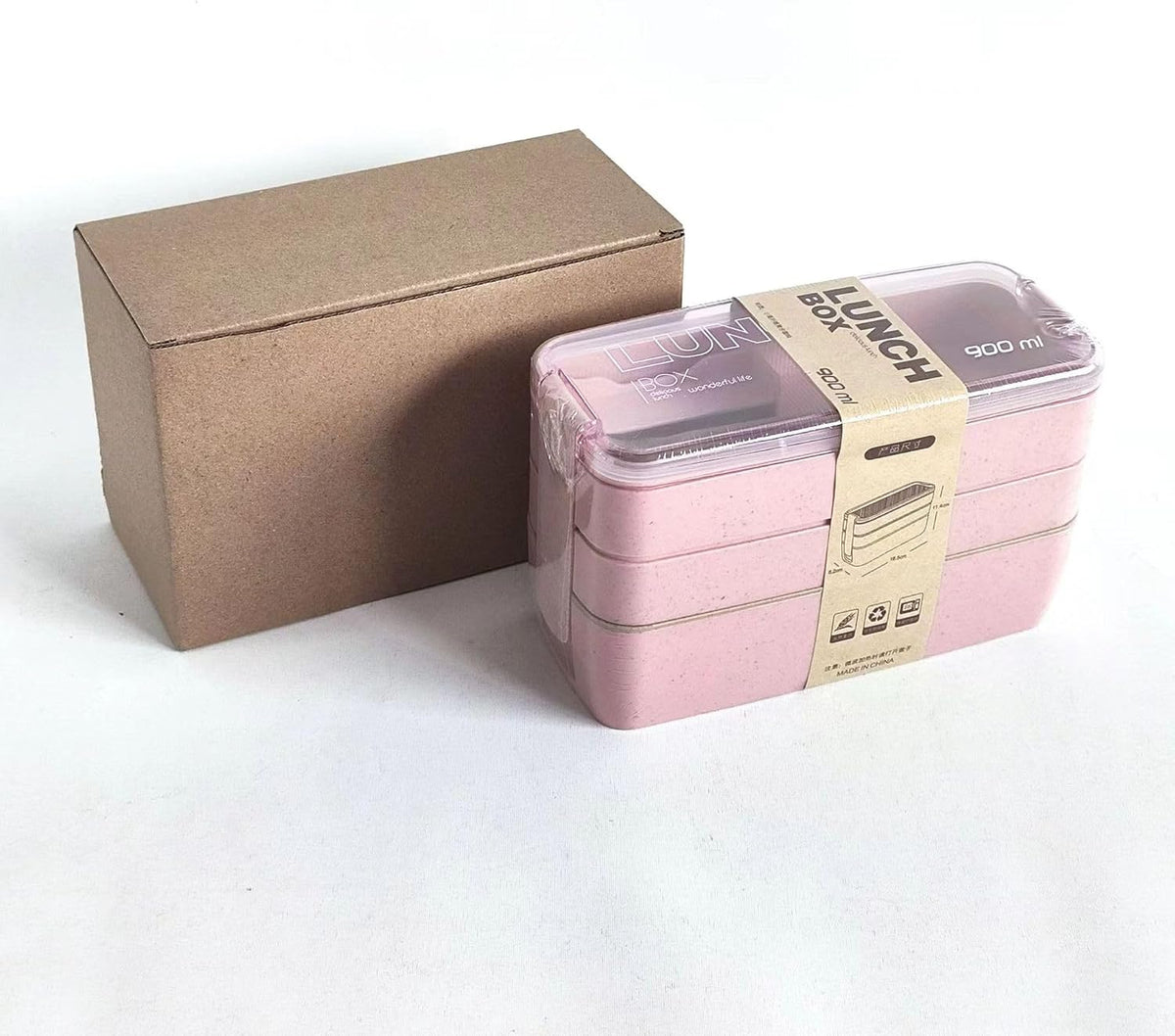 Portable Bento Box, 3-layers Lunch Box, 900ML Wheat Straw Dinnerware Food Storage Container (Pink)