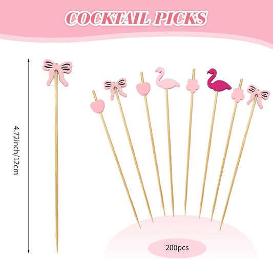 200 Pack Pink Toothpicks for Appetizers, 4.72in Cute Bow Toothpicks, 4 Styles Cocktail Picks for Appetizers Drinks Fruit Birthday Bridal Wedding Baby Shower Party Decoration (Pink)