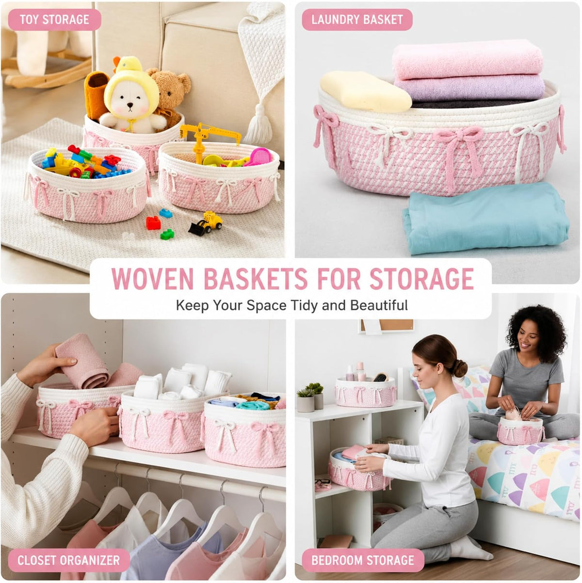 3 Pcs Pink Basket for Gifts, Bow Woven Rope Storage Organizer Bins