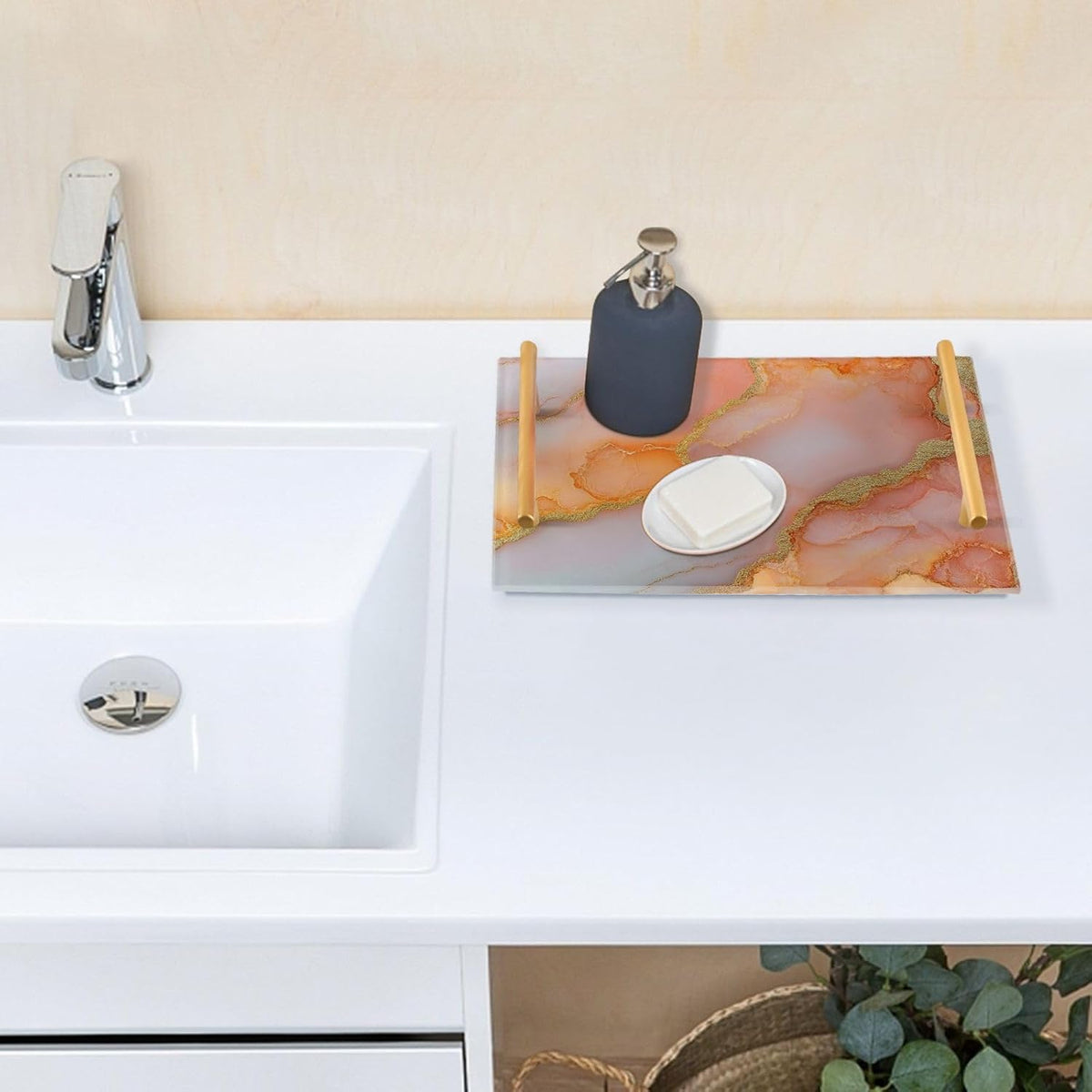 Marble Peach Blush Decorative Tray with Handles with Handles Large Coffee Table Tray for Jewelry Perfume for Room Service asafates Grandes para servir comida