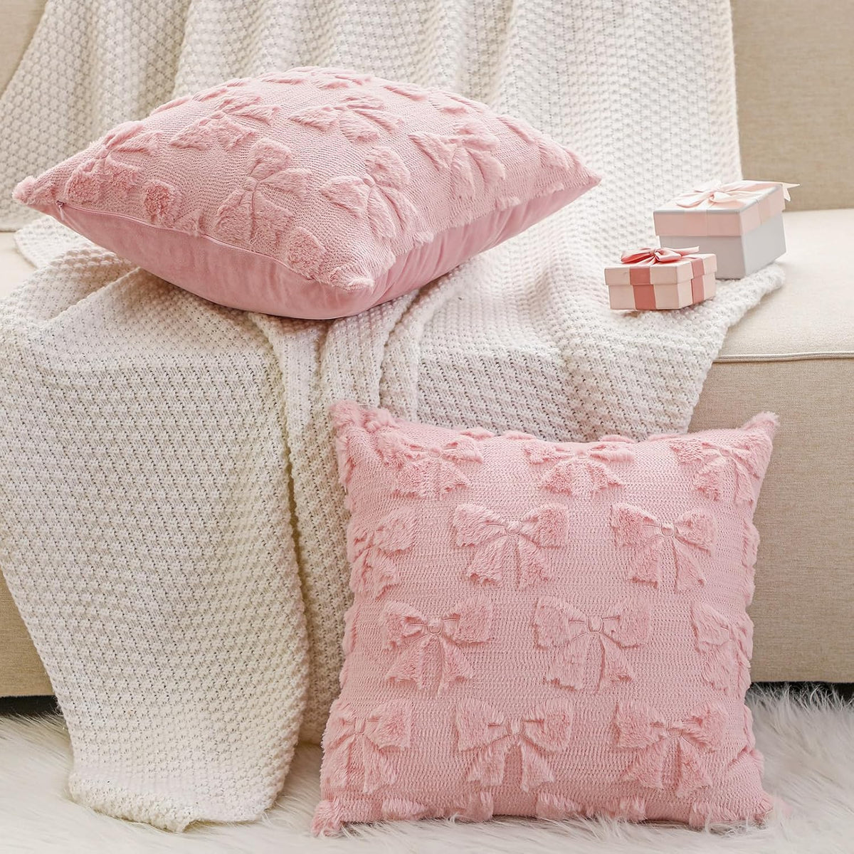 Bow Pillow Covers Set of 2 Preppy Room Decor, 18"x18", Dark Pink