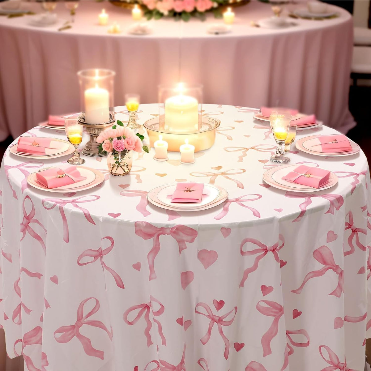 6 Pcs Pink Bow Tablecloths 84 Inch Plastic Round Table Covers Waterproof Coquette Birthday Party Decorations Pink Bow Favors Table Covers for Women Bridal Baby Shower Bachelorette Party Decor