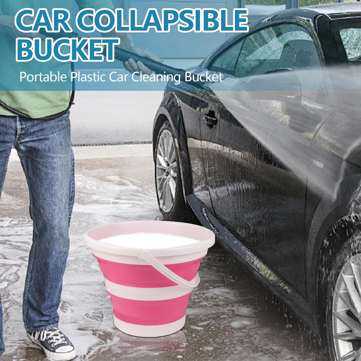 Car Collapsible Bucket, 10L 2.6 Gallon Foldable Round Tub, Pink