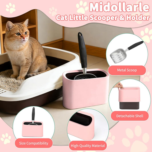 Metal Cat Litter Scoop with Holder, Lidded Caddy Set, Pink
