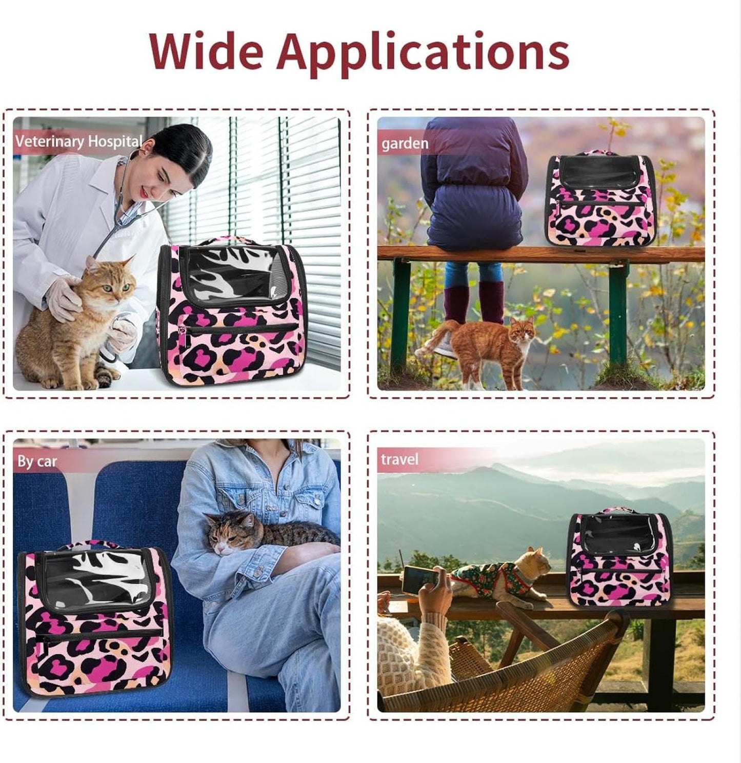 Pink Leopard Print (1) Cat Backpack Carrier, Pet Backpack for Dog Cat Puppy Kitty, Travel Carrier for Hiking Walking Outdoor Use