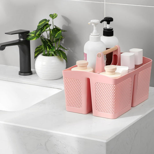 Portable Plastic Shower Caddy with Bamboo Handle, Pink