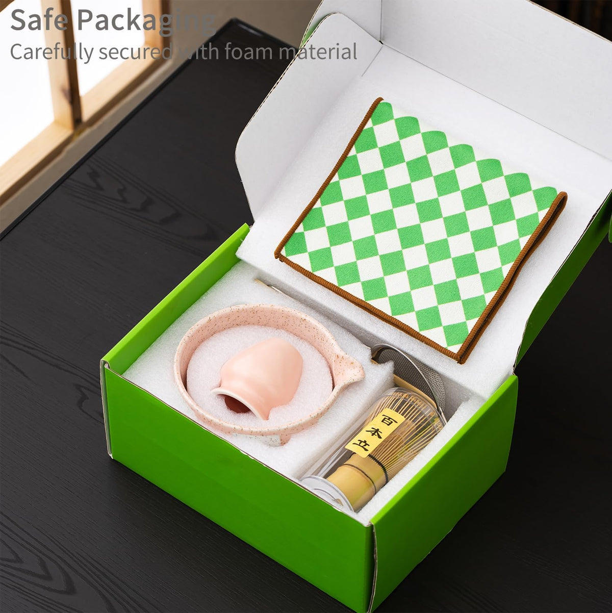 Premium 7-Piece Matcha Tea Set – Traditional Japanese Style with Elegant Grid Pattern, Includes Bamboo Whisk, Ceramic Bowl, Scoop & More – Perfect for Matcha Lovers & Tea Ceremony (Pink grid)
