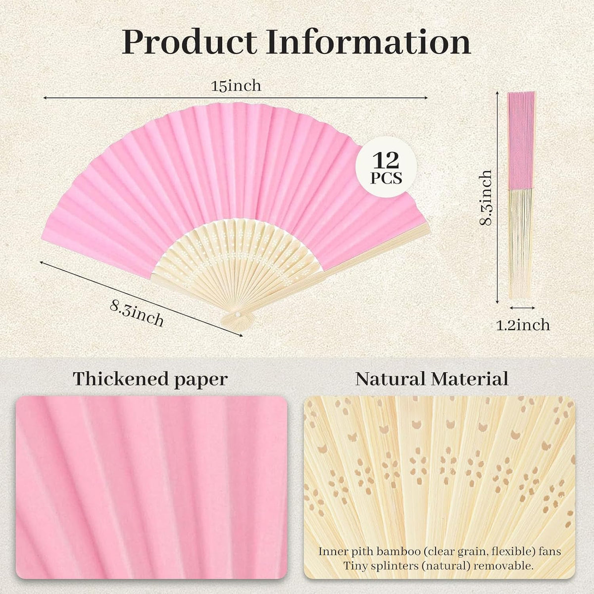 12 PCS Pink Foldable Hand Fan, 8.3 Inch Paper Fans for Women