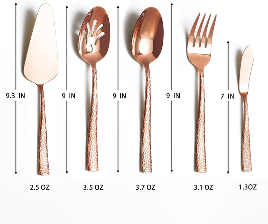 Large Hostess Serving Utensils Set, Stainless Steel Heavy Duty Hammered Serving spoons, Slotted Spoons, Serving Fork, Cake Server, Butter Knife, Dishwasher Safe(Rose Gold)