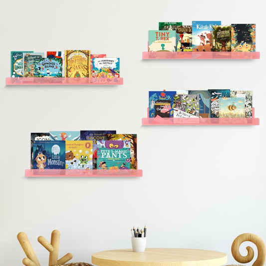 Dezzer 4 Pack Acrylic Shelves for Wall, 15" Acrylic Floating Shelves for Bathroom Bedroom, Invisible Bookshelf Wall Ledge Storage Shelf Books Perfume Toys Action Figure Display Shelves, Pink