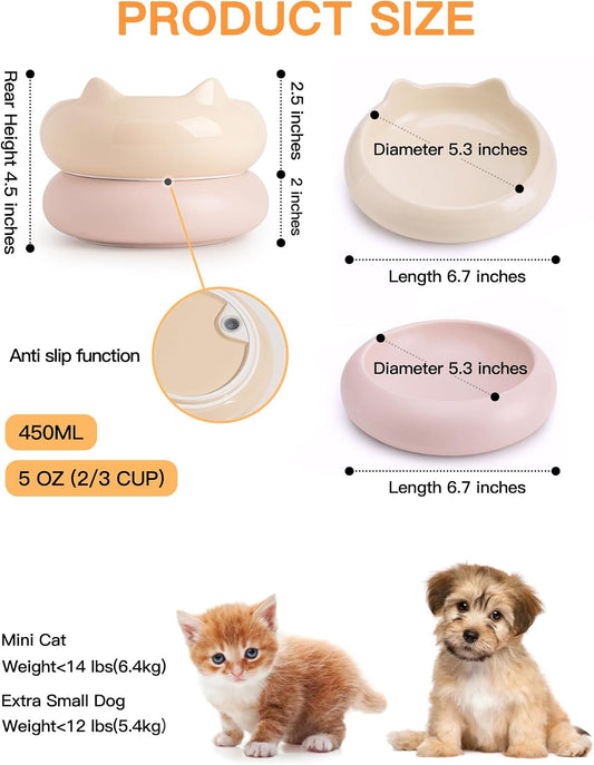 Cat Bowls, Ceramic Cat Bowls Food and Water Bowl Set, Whisker Friendly Cute Kitten Food Bowls for Protecting Pet's Spine, Perfect for Dry & Wet Food, Pink & Beige