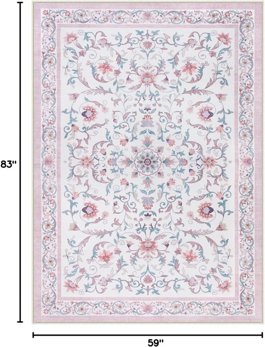Lahome Pink Floral Rugs for Bedroom Girls 5x7 Soft Washable Non-Slip Living Room Rug Vintage Botanical Boho Flower Carpet for Teens Kids Nursery Playroom Dorm Home Decor Cute Aesthetic