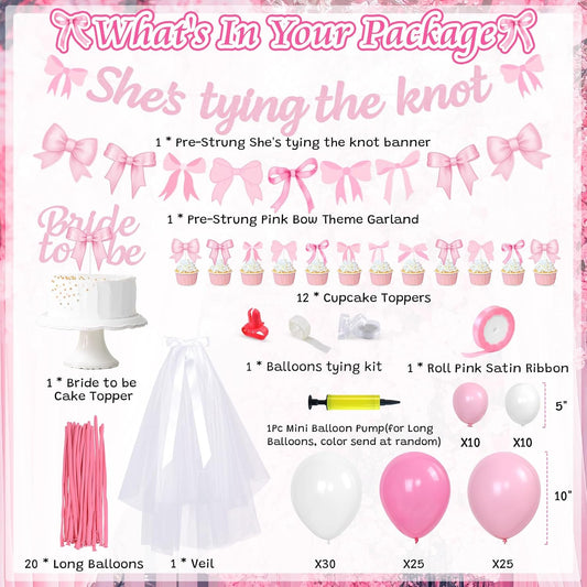 She's Tying The Knot Bridal Shower Party Decorations, Pink Bow Bachelorette Party Supplies, Bow Balloon Arch, She's Tying The Knot Banner, Bride To Be Cake Topper, Bow Veil & Satin Ribbon