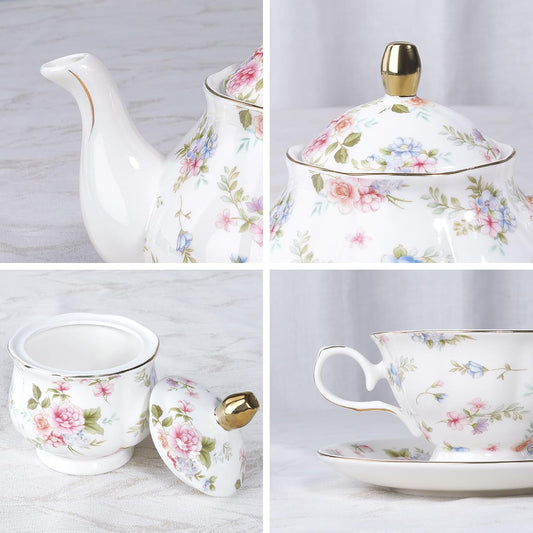 fanquare 21 Pieces Pink Blue Floral Porcelain Tea Set with Gold Trim, British Style Coffee Set for Adults, Vintage Romantic Gift Tea Sets for Wedding, Birthday, Women Tea Party