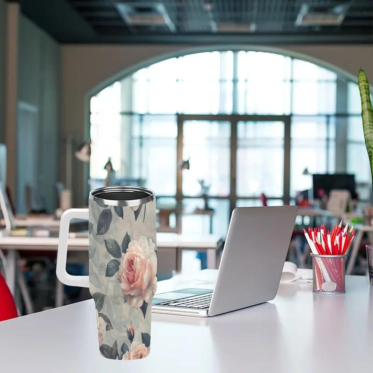 40oz Tumbler with Handle, Peach Rose Pattern With Green Leaves Printed Stainless Steel Travel Mug, Insulated Car Cup with Straw, Keeps Drinks Hot & Cold, Personalized Gift for Women & Men