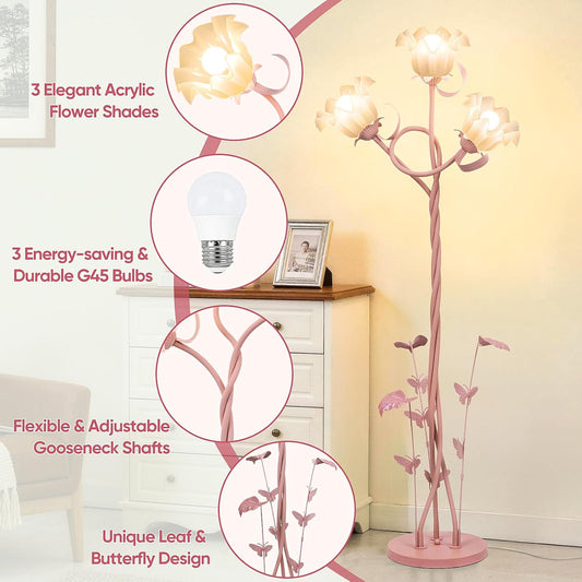 TOBUSA Flower Floor Lamp for Bedroom, 3-Head Whimsical Pink Floor Lamp with Flexible Gooseneck, 67’’ Tall Retro Floral Standing Lamp for Living Room, Modern Unique Cute Flower Corner Lamp for Girl