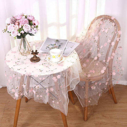 Ivory Gauze Table Runner with Blush Pink Embroidery 3D Flower 120in 10FT Seasonal Tulle Sheer Table Runners Mesh Lace Fabric Runner for Baby Shower Wedding Party Dining Table Decor DIY Craft