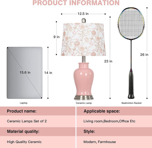 Ruzectt Pink Ceramic Table Lamp with Flower Lampshade, 23" Cute Bedroom Lamp with Ginger Jar Design, Modern Living Room Lamps Set 2, Elegant Bedside Lamps for Nightstand End Table Home Decor