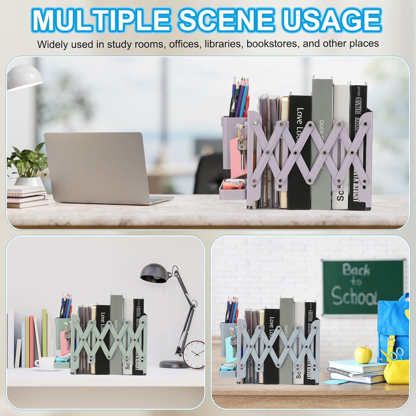 PATIKIL Adjustable Book Ends, 7.5" Tall Heavy Duty Metal Adjustable Bookends Book Holders Organizer with Removable Pen Holder Tray and 3 Hook-up for Heavy Books Desk Office Home, Pink