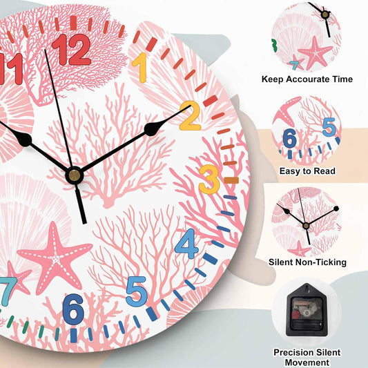 Wall Clock Pink Starfish Shell Clocks PVC Silent Non-Ticking Battery Operated Colorful Teaching Coastal Ocean Coral Round Clock for Kids Room Living Room Bedroom Office School Wall Decor 12 Inch