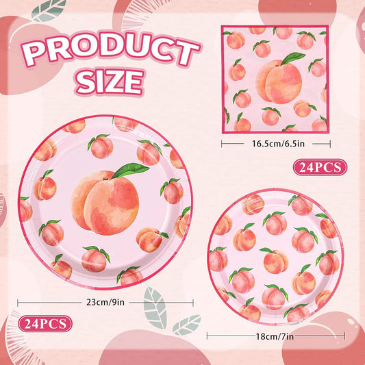 FYSUIMU 72 Pcs Peach Tableware Set Watercolor Pink Peach Fruit Disposable Plates and Paper Napkins for 24 Guests Summer Birthday Baby Shower Party Table Supplies