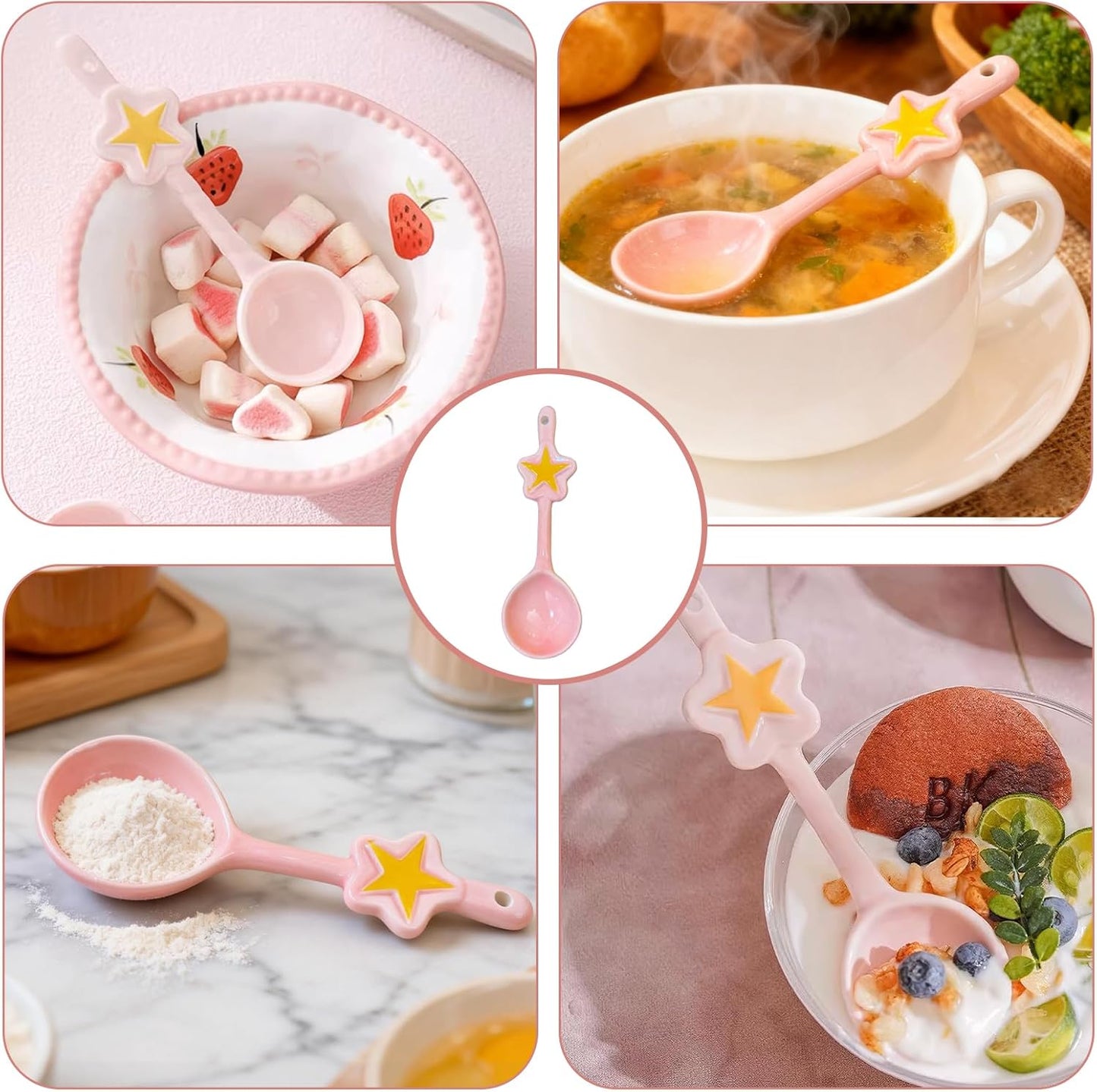 Cute Star Ceramic Spoons – Pink Moon Ladle & Stirring Spoon – Kawaii Magical Girl Style Kitchen Utensils