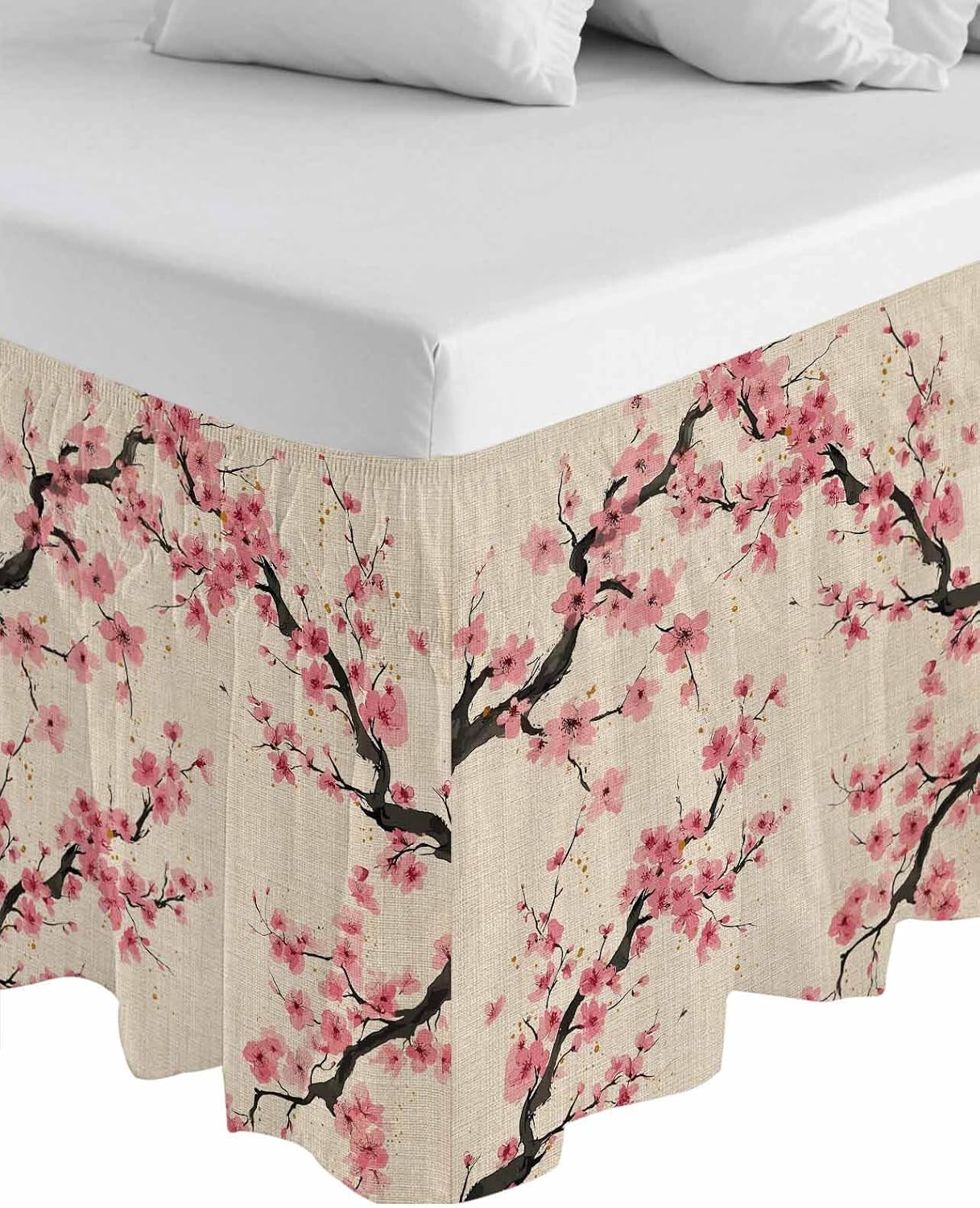 Spring Flowers Bed Skirt Queen Size 16 Inch Drop, Wrap Around Bed Skirts, Country Pink Peach Blossoms Botanical Floral Elastic Bedskirt Pleated Bed Frame Cover Luxurious Dust Ruffle for Queen Bed