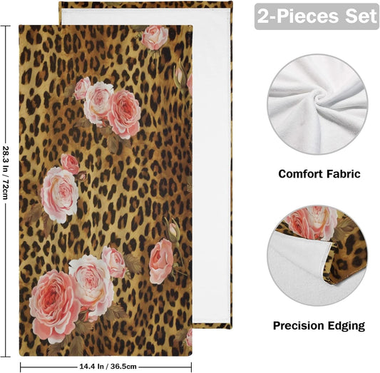 Pink Rose Hand Towels for Bathroom Set of 2 Leopard Flower Cute Mix Wild Animal Creative Modern Art Soft Absorbent Small Bath Towels Decorative Towel Multipurpose for Hotel,Gym,Spa 28x14in