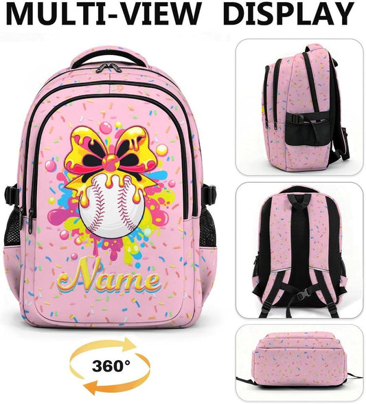 Personalized Baseball Drip Backpack for Kids Teens Custom Bookbag for Girls, Pink Baseball Backpacks for School Travel Hiking